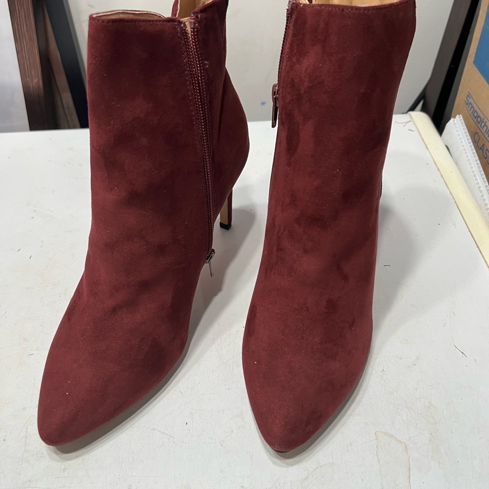 Express Wine Suede Pointed-Toe Ankle Booties with Side Zipper